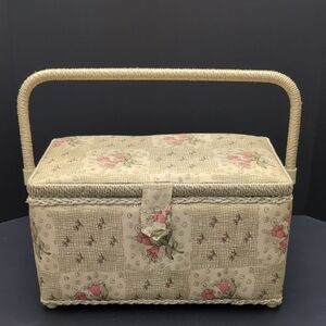 VGT,Cream,Floral,Woven Handle Sewing Basket.